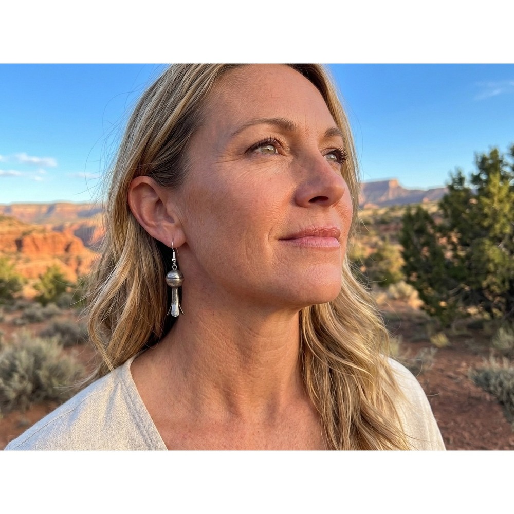 Navajo 925 Sterling Silver Earrings‎ Handmade Squash Blossom Tribal Jewelry ***